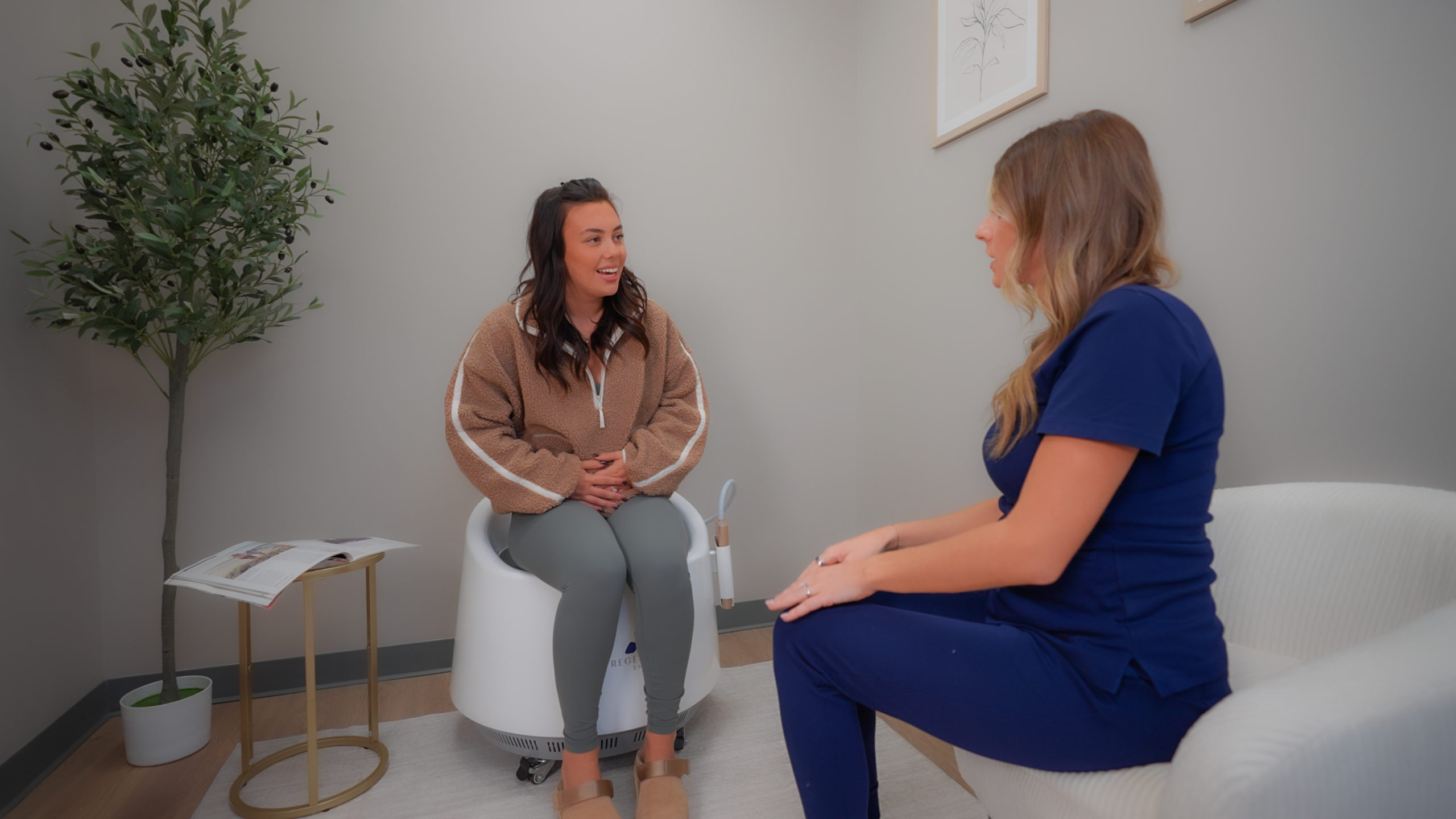 Pelvic Floor treatment while a woman is sitting on Restora EMS Chair at The Renew Studio in Romeo MI